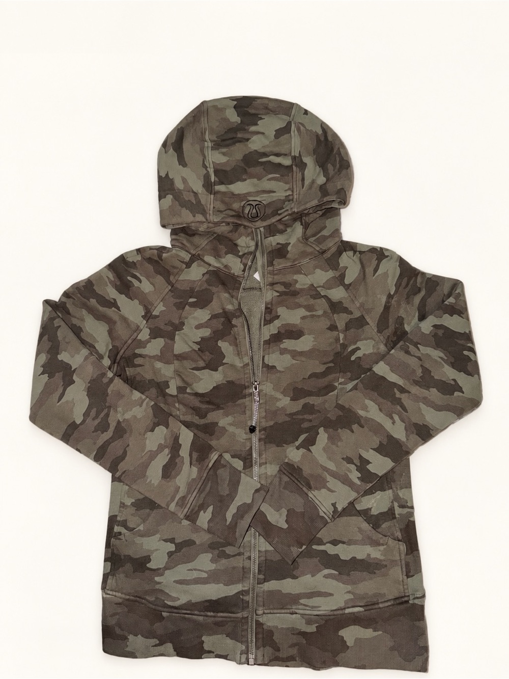 Lululemon Scuba Full Zip Hoodie Women’s 10 Green Camo Fleece Thumbholes